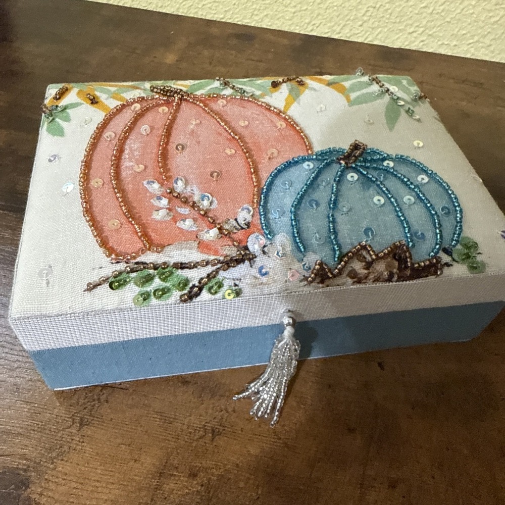 Total Home Ltd Curated Bead  Embroidered Pumpkin Motif Fabric Trinket Box With T